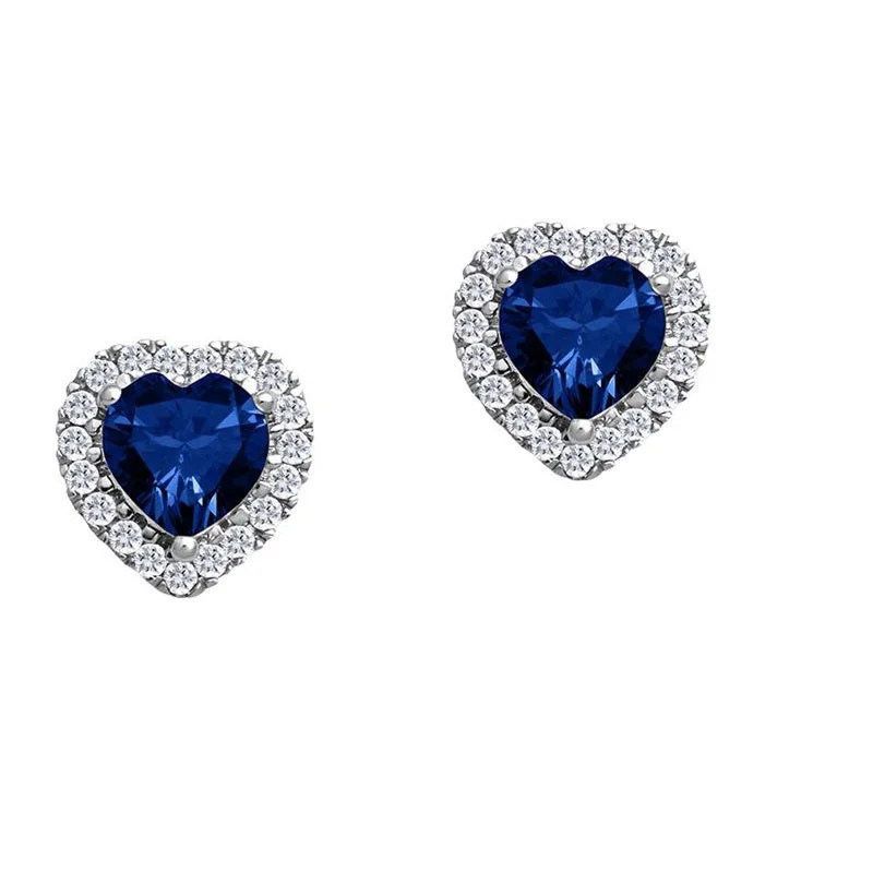 5MM Heart Shape Blue Sapphire and White Sapphire Birthstone Halo Stud Earrings in 10KT White Gold