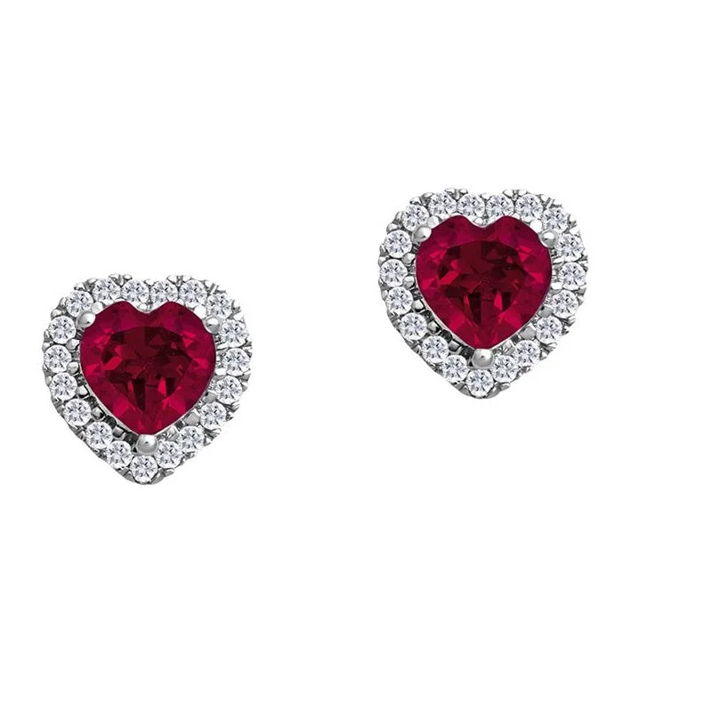 5MM Heart Shape Ruby and White Sapphire Birthstone Halo Stud Earrings in 10KT White Gold