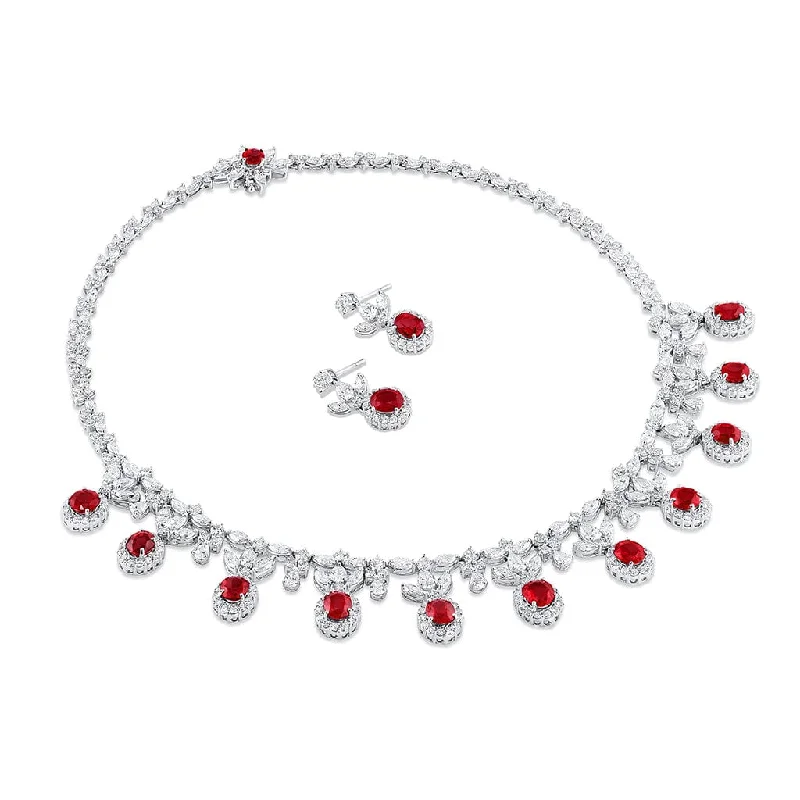 Platinum Burmese Ruby Diamond Necklace and Earring Set, Gubelin certified