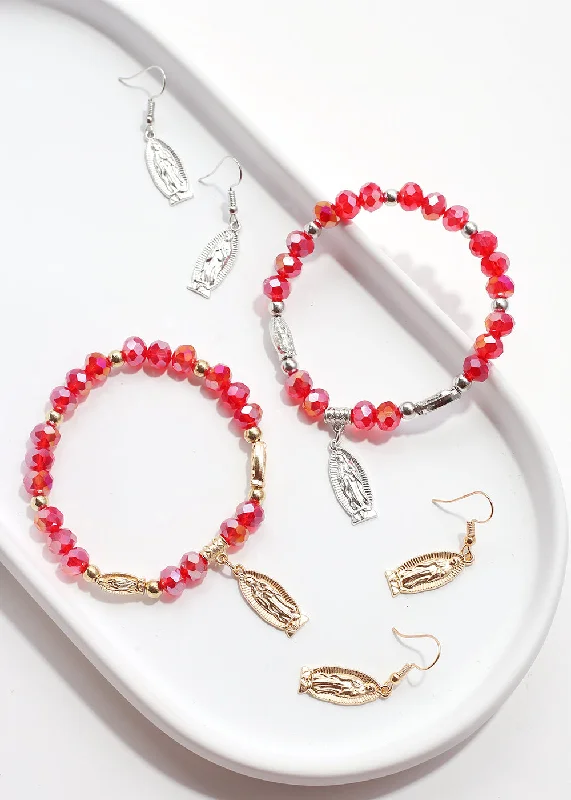 Red Virgin Mary Bead Bracelet & Earring Set