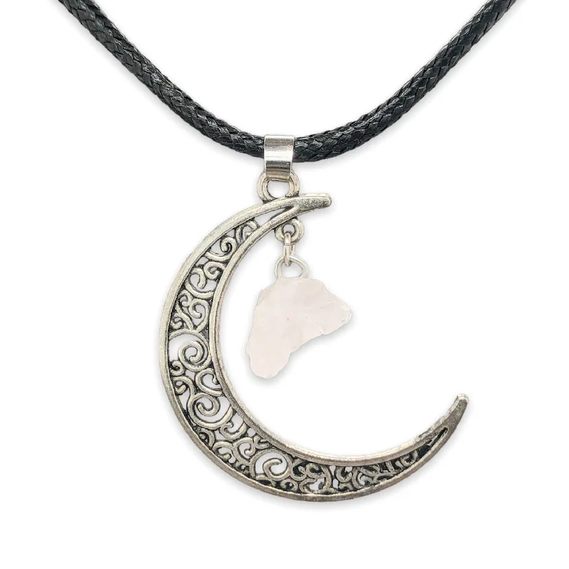 Silver Plate Rose Quartz & Black Leather Moon Necklace